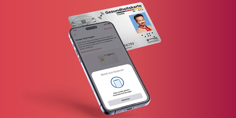 E-Rezept einlösen per Gesundheitskarte und Smartphone Smartphone mit geöffneter App zeigt „Bereit zum Scannen“, darüber eine elektronische Gesundheitskarte mit Foto – Rezeptdaten werden kontaktlos per NFC übertragen.