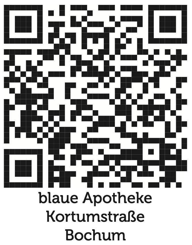 QR-Code zur Website der blauen Apotheke Kortumstraße Bochum Schwarz-weißer QR-Code mit der Beschriftung „blaue Apotheke Kortumstraße Bochum“ – zur schnellen Onlineverbindung per Smartphone.